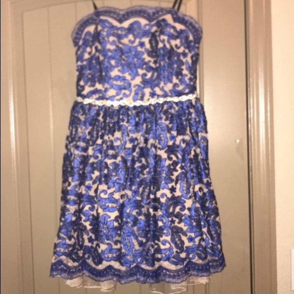 Blue strapless lace dress